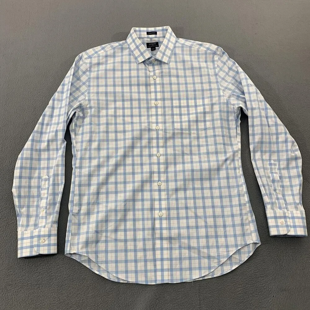 J.Crew Dress Shirt Mens 16.5 34/35 Blue Plaid Thompson Flex Wrinkle Free Stretch